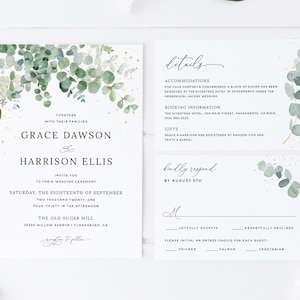 Eucalyptus Wedding Invitation Template, Greenery Wedding Printable Invitation Set, Bohemian Wedding Invitation Suite Instant Download, 002 image 1