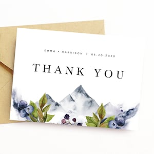 Plantilla de tarjeta de agradecimiento doblada de montaña, tarjeta de nota de agradecimiento de boda rústica, descarga de tarjeta de agradecimiento de boda imprimible, #009