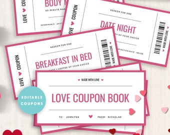 Love Coupon Book for Her, Printable Love Coupon Book, Editable Love Coupons, Birthday Gift, Anniversary Gift, Instant Download, Templett