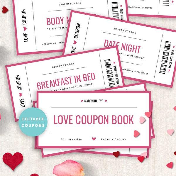 Editable Valentine Coupon Book, Printable Valentine Love Coupons, Adult Valentine's Day Cards, Valentine's Day Gift, Templett, #V21