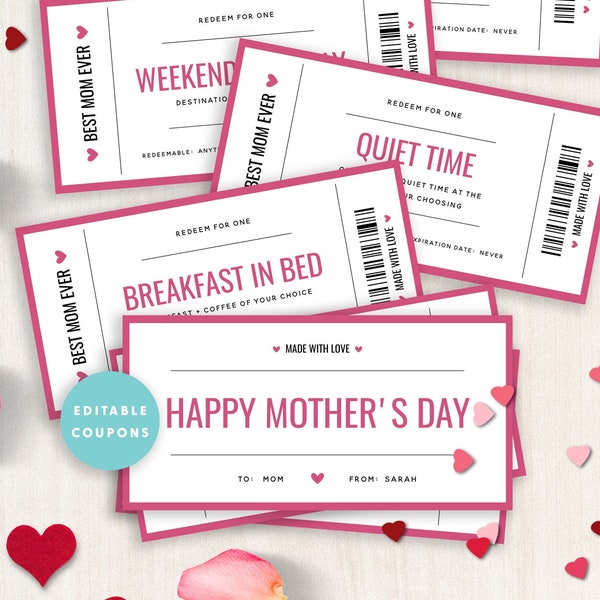 Mothers Day Coupon Book, Printable Coupon Book, Custom Coupon Book, Coupon Book for Her, Birthday Gift for Her, Anniversary Gift, Templett