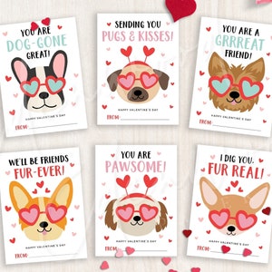 Tarjetas imprimibles de San Valentín con forma de perro, tarjetas de San Valentín para el aula para niños, etiquetas de regalo de San Valentín, descarga instantánea, n.° V21