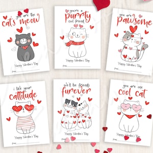 Cartes imprimables de Saint-Valentin de chat, cartes de Saint-Valentin de salle de classe pour des enfants, étiquettes-cadeaux de Saint-Valentin, téléchargement immédiat, #V21