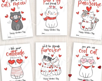Puede incluir: Seis tarjetas de San Valentín imprimibles con lindos gatos de dibujos animados con diferentes mensajes. Las tarjetas son blancas con corazones rojos y el texto "Feliz Día de San Valentín".