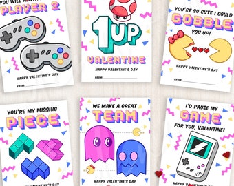 Printable Retro Video Game Valentine's Day Cards, Classroom Valentine's Day Cards for Kids, Valentine's Day Gift Tags, Instant Download #V21