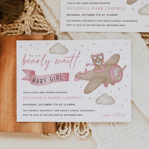 Girl We Can Bearly Wait Baby Shower Invitation, Bear Theme Baby Shower Invitation, Teddy Bear Baby Shower Invitation Template, Templett #15B