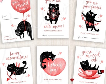 Printable Cat Valentine&#39;s Day Cards, Classroom Valentine&#39;s Day Cards for Kids, Valentine&#39;s Day Gift Tags, Instant Download, #V21