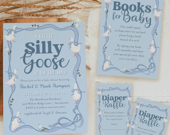Blue Silly Goose Baby Shower Invitation Suite, Editable Baby Shower Invitation Bundle, Boy Baby Shower Invite & Insert Cards, Templett #16B