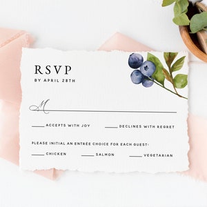 Mountain Wedding RSVP Card Template with Watercolor Blueberries, Rustic Forest Wedding RSVP Printable, Wedding Reply Enclosure Card, #009