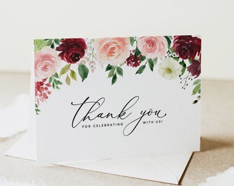 Folded Thank You Note Card Template, Floral Wedding Thank You Card Download, Burgundy Wedding Thank You Card Printable, Templett, #004