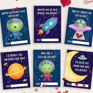 Afdrukbare ruimte Valentijnsdagkaarten, Valentijnsdagkaarten in de klas voor kinderen, Valentijnsdagcadeaukaartjes, direct downloaden, #V21