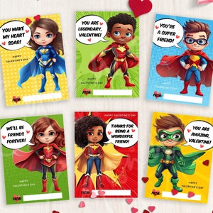 Cartões de Dia dos Namorados de super-heróis para impressão, cartões de Dia dos Namorados para crianças em sala de aula, etiquetas de presente para o Dia dos Namorados, download instantâneo, #V21