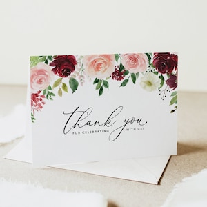 Modello di biglietto di ringraziamento piegato, download di biglietto di ringraziamento per matrimonio floreale, biglietto di ringraziamento per matrimonio bordeaux stampabile, Templett, #004