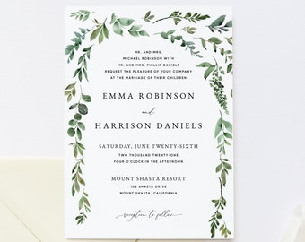 Printable Wedding Invitation Template, Greenery Wedding Invitation Printable, Boho Wedding Invitation Template Download, Templett