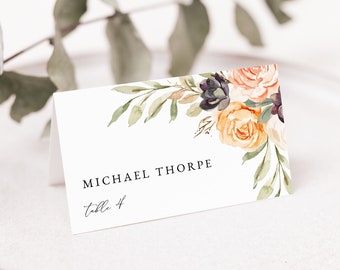 Fall Wedding Place Cards, Autumn Floral Wedding Place Cards Template, Printable Wedding Place Cards, Instant Download, Templett, #010