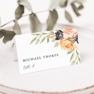 Cartões de lugar de casamento no outono, modelo de cartões de lugar de casamento floral de outono, cartões de lugar de casamento para impressão, download instantâneo, Templett, #010