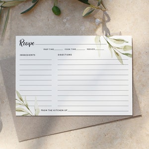 May include: A printable recipe card with a green watercolor leaf design. The card has sections for ingredients, directions, prep time, cook time, and serves. The text "From the kitchen of" is at the bottom of the card.