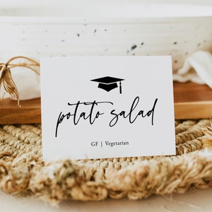 Plantillas de tarjetas de comida para el bufé de graduación, etiquetas de comida para la graduación imprimibles, tarjetas de bufé de graduación editables, descarga instantánea, Templett, #GRD