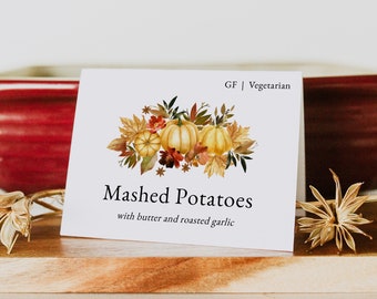 Thanksgiving Buffet Karten, Friendsgiving Food Label Karten, druckbare Buffet Karten, Kürbis Thanksgiving Food Cards Download, Templett, #TG1