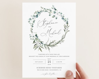 Bohemian Wedding Invitation Template, Eucalyptus Greenery Wedding Invitation Template Download, Printable Wedding Invitation Templett, #007