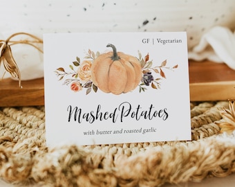 Friendsgiving Buffet Karten, Friendsgiving Essen Label Karten, druckbare Buffet Karten, Kürbis Thanksgiving Essen Karten Download, Templett, #TG3
