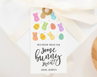 Könnte beinhalten: Ein weißer Geschenkanhänger mit einem bunten Osterhasen- und Eierdesign. Der Anhänger lautet "Ein Oster-Leckerli für ein süßes Häschen!" und "Von: Jessica".
