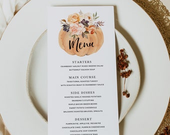 Modèle de carte de menu Friendsgiving, Menu Friendsgiving imprimable, Menu du dîner de Thanksgiving à la citrouille, Téléchargement instantané, Templett, #TG3