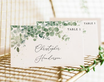 Eucalyptus Wedding Place Cards, Greenery Wedding Place Cards Template, Printable Wedding Place Cards, Instant Download, Templett, #002