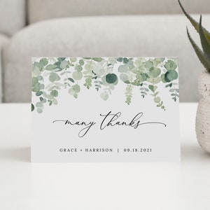 Cartões de agradecimento de casamento com vegetação de eucalipto, modelo de cartões de agradecimento de casamento dobrado, cartão de agradecimento de casamento para impressão, Templett, #002