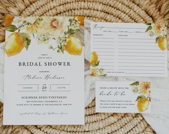 Lemon Bridal Shower Invitation with Recipe Card, Main Squeeze Bridal Shower Invitation Template, Citrus Bridal Shower Invite, Templett, #BR1