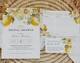 May include: A lemon-themed bridal shower invitation with a watercolor design. The invitation includes the text "Kindly join us for a bridal shower honoring Madison Henderson. Saturday, June 29, 3:00 PM. Scribner Bend Vineyards, 1001 River Road, Sacramento, CA. Please RSVP to Amanda at 000 000 0000 by June 9th.  Regrets only to [Name] & [Name]."