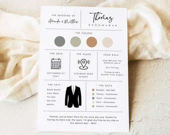 Tarjeta de información de padrinos de boda, tarjeta de información de padrinos de boda imprimible, plantilla de tarjeta de propuesta de padrinos de boda, tarjeta de información de color de padrinos de boda, Templett