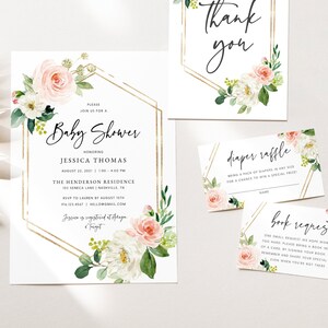 Pink Floral Baby Shower Invitation Template, Printable Baby Shower Invitation Bundle, Editable Diaper Raffle & Book Request, Templett, #03B
