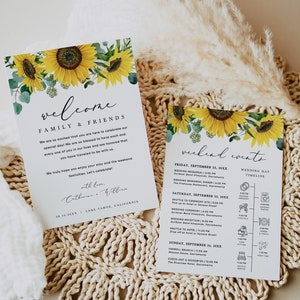 Peut inclure: Une suite d'invitation de mariage avec un motif de tournesol et de verdure. La carte de bienvenue dit "Bienvenue Famille & Amis" et la carte des événements du week-end liste le calendrier du jour du mariage. Le texte sur la carte de bienvenue se lit comme suit : "Nous sommes tellement excités que vous soyez ici pour célébrer notre jour spécial ! Nous sommes tellement bénis d'avoir chacun d'entre vous dans nos vies et nous sommes honorés que vous ayez voyagé pour être avec nous. Nous espérons sincèrement que vous apprécierez votre séjour et le week-end festif. Célébrons ! Avec amour, Catherine & William 08.14.20XX | Lake Tahoe, Californie"
