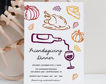 Friendsgiving Dinner Invitation, Editable Thanksgiving Invite, Hand Drawn Friendsgiving Invitation Download, Fall Party Template, Templett