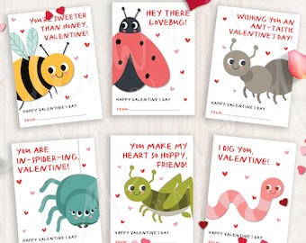 Puede incluir: Tarjetas de San Valentín con ilustraciones de insectos y animales, cada una con un juego de palabras y un mensaje. Confeti de corazón rojo y corazones de fieltro están esparcidos alrededor de las tarjetas. Las tarjetas incluyen frases como 'Hey there Lovebug!'