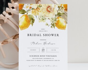 May include: A white bridal shower invitation with a watercolor illustration of lemons and flowers. The text reads "Kindly join us for a bridal shower honoring Madison Henderson. Saturday, June 29, 20xx, 2:00 PM. Scribner Bend Vineyards, 9051 River Road, Sacramento, CA. Please RSVP to Amanda at 000.000.0000 by June 9th. Hosted by Angela & Williams June."