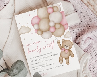 Faire-part de baby shower fille We Can Bearly Wait, invitation baby shower thème ours rose, modèle d'Invitation baby shower ours en peluche Templett #15B