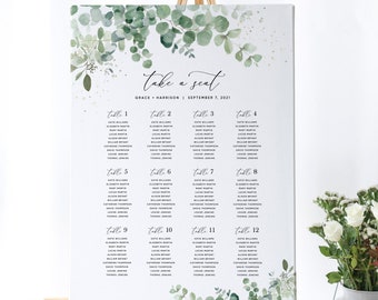 Greenery Wedding Seating Chart Template (18x24" & 24x36"), Eucalyptus Wedding Seating Printable, Wedding Seating Chart Sign Templett, #002