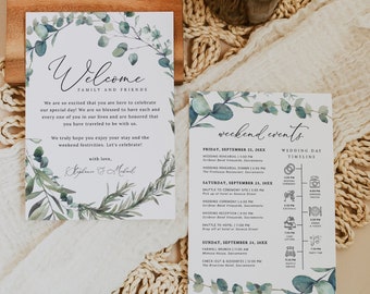 Eucalyptus Wedding Welcome Bag Note & Timeline, Printable Wedding Weekend Timeline Template, Wedding Order of Events Download, Templett #007