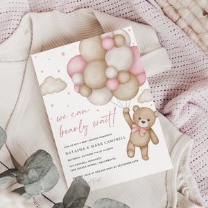 We Can Bearly Wait meisje babyshower uitnodiging, roze beer thema babyshower uitnodigen, teddybeer babyshower uitnodiging sjabloon Templett #15B