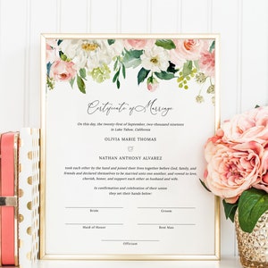 Blush Pink Rose Hochzeit Heiratsurkunde Andenken, druckbare Heiratsurkunde Download, dekorative Heiratsurkunde, #013
