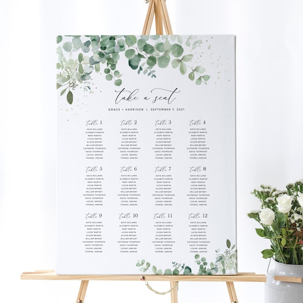 Greenery Wedding Seating Chart Template (18x24" & 24x36"), Eucalyptus Wedding Seating Printable, Wedding Seating Chart Sign Templett, #002