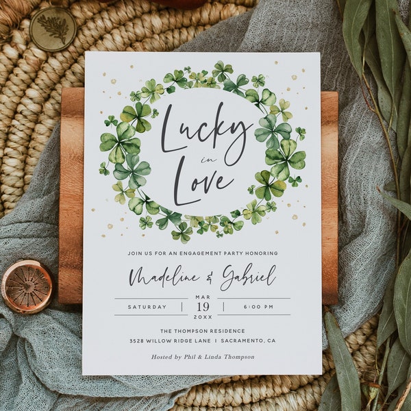 Lucky in Love Engagement Party Invitation Template, Shamrock Engagement Party Invitation, Printable Engagement Party Invite, Templett, #SPD