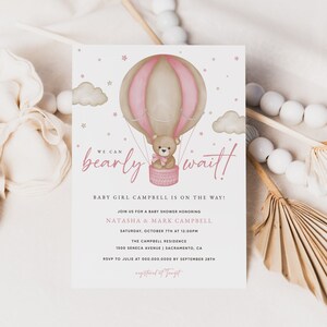 We Can Bearly Wait Girl Baby Shower Invitation, Bear Theme Baby Shower Invitation, Teddy Bear Baby Shower Invitation Template, Templett #15B