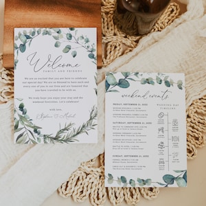 Eucalyptus Wedding Welcome Bag Note & Timeline, Printable Wedding Weekend Timeline Template, Wedding Order of Events Download, Templett #007