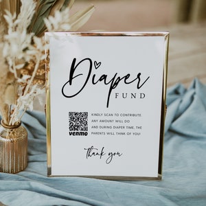 Printable Diaper Fund Sign, Baby Shower Diaper Fund Sign Template, QR Code Diaper Fund Sign, Editable Baby Shower Sign, Templett