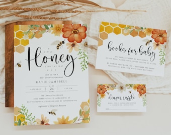 Honey Bee Baby Shower Invitation Suite, Bee Baby Shower Invitation Template, Printable Diaper Raffle & Books for Baby, Templett, #12B