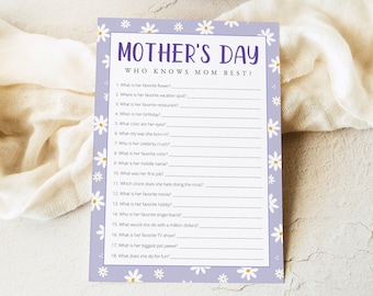 Mother's Day Mom Trivia Game, Printable Mother's Day Activities, Mother's Day Party Game Template, Who Knows Mom Best Game, Templett, #MD