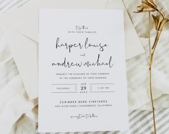 May include: Wedding invitation with a white background and black text. The invitation reads "together with their families harper louise and andrew michael request the pleasure of your company at the ceremony of their wedding Saturday June 29 2:00 PM 20XX SCRIBNER BEND VINEYARDS 9051 RIVER ROAD | SACRAMENTO, CALIFORNIA reception to follow"